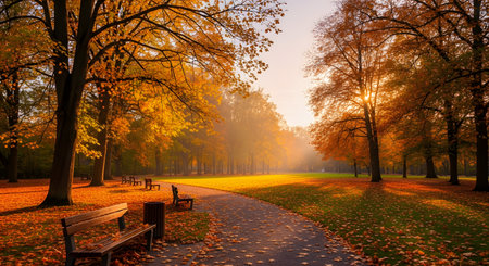 A paved path winds through a park filled with trees displaying vibrant orange and yellow autumn foliage. Warm sunlight filters through the branches, illuminating empty benches and fallen leaves.の素材