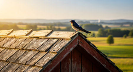 A swallow perches gracefully on the ridge of an old wooden roof, looking out over a blurred rural landscape. The warm lighting and rustic textures highlight the simple beauty of nature and farm life.の素材