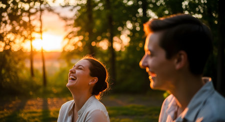 A young couple laughs joyfully while sitting in a park during a golden sunset. The warm backlight highlights their genuine expressions of happiness and love, capturing a candid romantic moment in nature.の素材