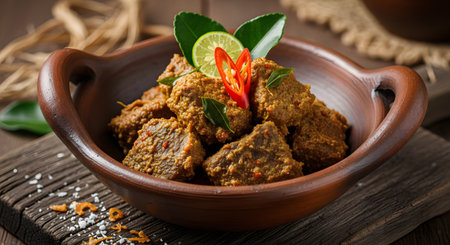 A traditional clay pot filled with authentic Indonesian Beef Rendang, a rich and spicy dry curry dish. The tender meat is coated in coconut spice paste and garnished with fresh chili and lime leaves.の素材