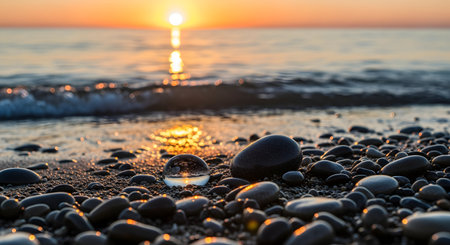 A glass crystal ball rests on a pebble beach, capturing a sharp inverted reflection of the golden sunset and ocean waves. The artistic composition contrasts the smooth sphere with the textured stones.の素材