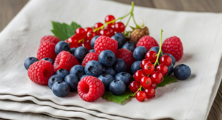 A vibrant pile of fresh mixed berries, including blueberries, raspberries, and red currants, resting on a beige linen napkin. The macro shot highlights the juicy texture and rich colors of the organic fruit.の素材