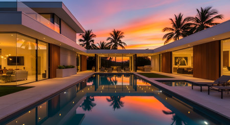 A sleek, modern luxury villa featuring a large swimming pool and glass walls, illuminated at twilight. The sky displays a vibrant, colorful sunset with palm trees in the background, epitomizing a high-end tropical lifestyle.の素材