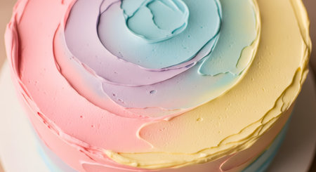 Top-down close-up view of a cake decorated with pastel rainbow-colored frosting swirls. The pink, blue, purple, and yellow cream creates a soft, textured, and appetizing dessert background.の素材