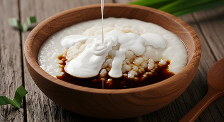 A wooden bowl filled with Bubur Sumsum, a traditional Indonesian rice flour porridge, drizzled with sweet palm sugar syrup and coconut milk. The creamy white porridge contrasts with the dark syrup, creating an appetizing breakfast scene.の素材