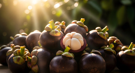 A pile of fresh purple mangosteens with one fruit opened to reveal the white fleshy segments inside. The tropical fruits are bathed in warm backlighting that highlights their round shape and freshness.の素材