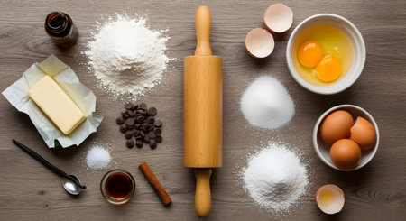 A flat lay arrangement of baking ingredients on a wooden table, including flour, eggs, butter, sugar, chocolate chips, and a rolling pin. The composition represents homemade cooking and pastry preparation.の素材