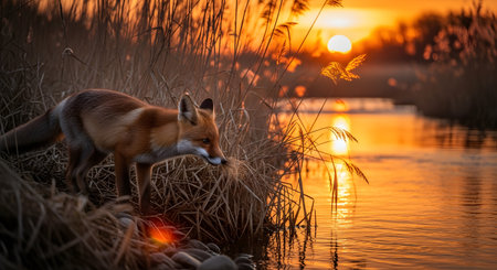 A wild red fox stands alert at the edge of a calm river bank surrounded by tall reeds. The warm glow of the sunset illuminates the water and the animal's fur, creating a picturesque nature scene.の素材