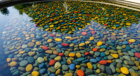 Smooth, multi-colored pebbles in shades of blue, yellow, and red lie submerged under clear rippling water. The arrangement creates a vibrant, mosaic-like texture at the bottom of a pool or fountain.の素材