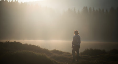 The silhouette of a person standing alone in a misty landscape, watching a bright sunrise over distant trees. The back view and atmospheric fog create a mood of solitude, contemplation, and peacefulness.の素材