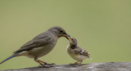 An adult bird gently feeds its young chick while perched on a textured stone surface. The tender moment of wildlife parenting is captured against a soft, blurred green background.の素材