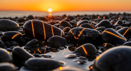 Smooth, wet beach pebbles glisten under the golden light of sunset, featuring distinct linear light patterns projected across them. The high-contrast scene emphasizes texture and the calm atmosphere of the coast.の素材