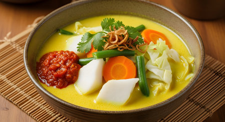 A bowl of authentic Lontong Sayur, a traditional Indonesian dish featuring rice cakes in a yellow coconut curry soup with vegetables and tofu. The dish is garnished with spicy sambal and crispy fried shallots, served in a ceramic bowl.の素材