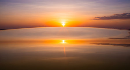 A breathtaking view of an infinity pool merging with the horizon during a golden sunset. The calm water reflects the vibrant orange sun and sky, creating a peaceful and luxurious resort atmosphere.の素材