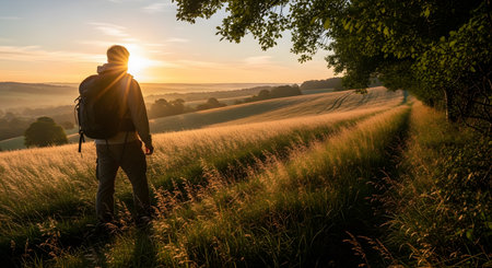 A male hiker with a backpack stands on a grassy hill, looking out over a rolling landscape at sunrise. The golden sun flares behind him, illuminating the fields and trees.の素材