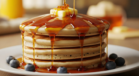 A mouth-watering stack of fluffy pancakes topped with melting butter and blueberries, with maple syrup cascading down the sides. The close-up food photography captures the delicious texture and golden color of the breakfast treat.の素材