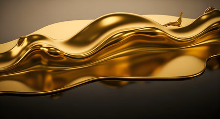 An abstract background of melting liquid gold flowing with smooth, wavy curves. The glossy, metallic texture reflects light, creating a luxurious and elegant 3d rendering suitable for high-end designs.の素材
