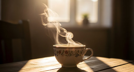 A ceramic cup of hot tea or coffee sits on a wooden table, with steam swirling gracefully into the air. Backlit by warm sunlight from a window, the image evokes a sense of cozy morning relaxation.の素材
