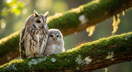 Two owls, likely a parent and a fledgling, perch closely together on a thick, moss-covered branch. The soft, green forest bokeh in the background highlights the texture of their feathers and the peaceful natural setting.の素材