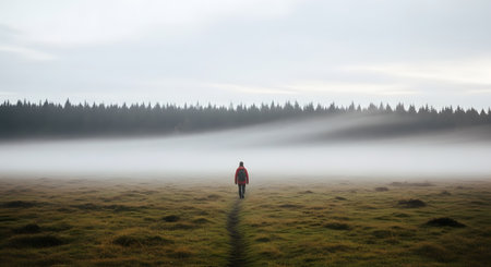 A solitary person walking away on a grassy path towards a dense, foggy forest line. The moody and atmospheric image conveys a sense of mystery, solitude, and adventure in nature.の素材