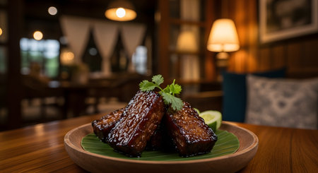 A close-up of traditional Indonesian braised tempeh (Tempe Bacem) glazed with sweet soy sauce, served on a wooden plate lined with a banana leaf. The dish is garnished with cilantro, set against a warm restaurant background.の素材