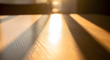 Bright sunlight beams across a wooden surface, creating strong geometric shadows and highlighting dust motes in the air. The image focuses on the texture of the wood and the warmth of the golden hour light.の素材