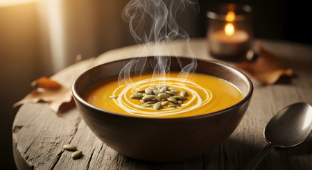 A bowl of hot, creamy pumpkin soup garnished with pumpkin seeds and a swirl of cream, steaming gently on a wooden table. A lit candle and autumn leaves in the background create a warm, cozy seasonal atmosphere.の素材
