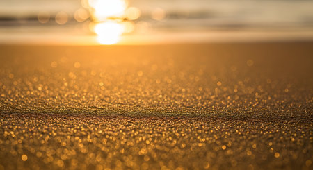 A close-up macro shot of golden sand grains on a beach, illuminated by the warm, sparkling light of the setting sun. The background features magical bokeh reflecting off the water, creating a textured and dreamy summer atmosphere.の素材