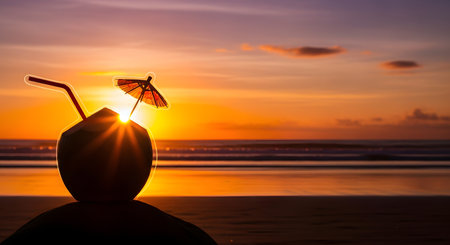 A silhouette of a coconut drink with a straw and umbrella against a vibrant sunset sky. The golden sun sets over the ocean horizon, creating a warm, relaxing tropical atmosphere perfect for vacation themes.の素材