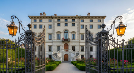 A magnificent luxury villa featuring classic Italian architecture, grand ornate iron gates, and a manicured garden. The symmetrical facade and elegant staircase suggest a historic and wealthy European estate.の素材