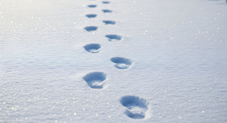 A trail of deep footprints leads away into the distance across a pristine field of fresh white snow. The soft lighting and texture of the snow convey a sense of cold, solitude, and winter exploration.の素材