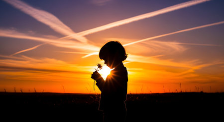 The silhouette of a young child holding a small flower against a dramatic sunset sky with airplane contrails. The image captures themes of innocence, dreaming, and the beauty of nature.の素材