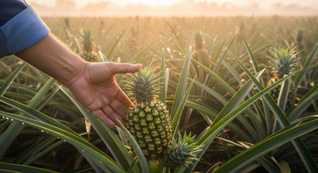 A farmer's hand gently touches the crown of a growing pineapple in a sprawling field at sunrise. The golden backlighting highlights the texture of the fruit and leaves, symbolizing agricultural care and harvest.の素材