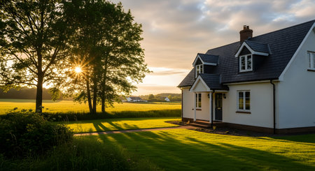 A charming white house is bathed in the warm light of a sunset, with a sunburst shining through the branches of a large tree. The well-manicured green lawn and peaceful setting evoke a sense of idyllic suburban living.の素材