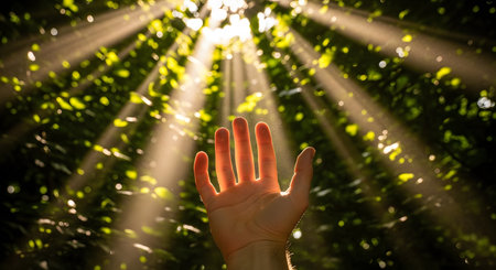 A human hand reaches up towards bright sunbeams filtering through the green forest canopy. The image symbolizes hope, faith, freedom, and a spiritual connection with nature.の素材