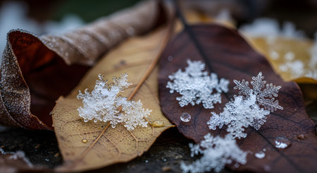 A stunning macro shot of intricate snowflakes resting on dry, brown autumn leaves. The contrast between the fragile ice crystals and the textured foliage captures the transition from fall to winter.の素材
