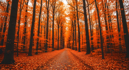 A mesmerizing view of a forest path leading through tall trees with vibrant orange leaves. The straight trunks and leaf-covered ground create a striking perspective of the autumn season.の素材