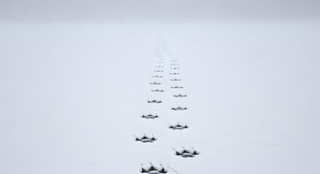 A trail of paw prints leads away into the distance on a pristine, flat expanse of white snow. The minimalist composition evokes a sense of journey and wildlife presence in a quiet winter landscape.の素材