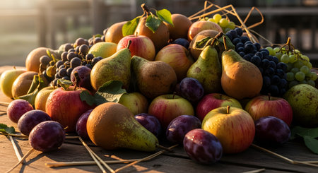 A bountiful pile of autumn harvest fruits, featuring rustic pears, red apples, purple plums, and dark grapes. The arrangement on a wooden surface suggests a farm-fresh and organic market display.の素材