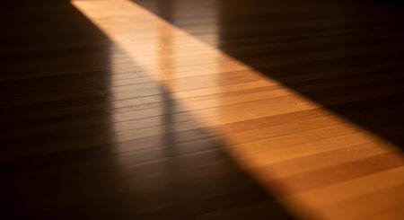 A beam of golden sunlight stretches across a polished wooden floor, creating a strong contrast between light and shadow. The warm tones and clean lines evoke a sense of calm and domestic tranquility.の素材