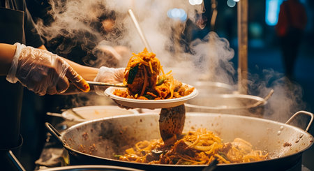 A street food vendor serving a portion of hot, stir-fried noodles from a large metal pan onto a white plate. Steam rises from the freshly cooked food, creating an appetizing atmosphere under the night market lights. The chef wears gloves, ensuring hygiene while handling the spicy and flavorful dish.の素材