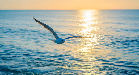 A white seagull flies gracefully over the calm blue ocean during a golden sunrise or sunset. The sun reflects brilliantly on the water's surface, creating a sparkling path of light beneath the bird's wings.の素材