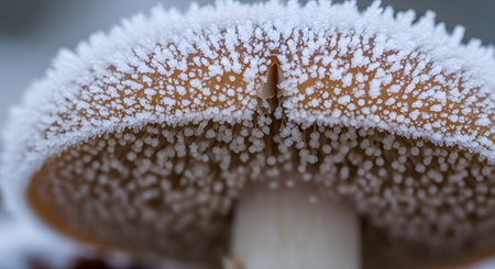 An extreme macro shot of a mushroom cap covered in delicate white ice crystals and frost. The intricate textures of the frost and the porous surface of the mushroom are highlighted against a blurred, cold background.の素材