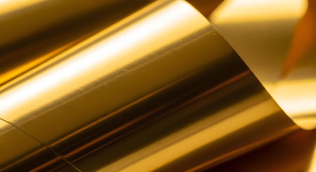 An abstract close-up of a rolled sheet of shiny gold foil. The reflective metallic surface features smooth curves and high-contrast highlights, creating a luxurious and elegant background texture.の素材