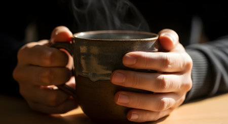 A pair of hands holds a rustic ceramic mug filled with a steaming hot beverage. The close-up shot focuses on the rising steam and the comforting warmth, perfect for cozy winter themes.の素材