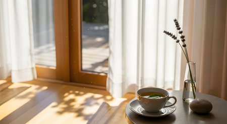 A peaceful morning scene featuring a cup of herbal tea and a small vase of lavender flowers on a side table. Sunlight streams through the glass door, casting shadows on the wooden floor and creating a relaxing vibe.の素材