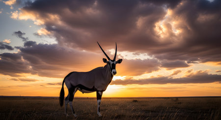 A majestic Oryx antelope stands tall in the grassy savanna against a dramatic sunset sky filled with clouds. The golden light silhouettes the animal's long, straight horns and distinct markings. The scene captures the beauty and tranquility of African wildlife in its natural habitat.の素材