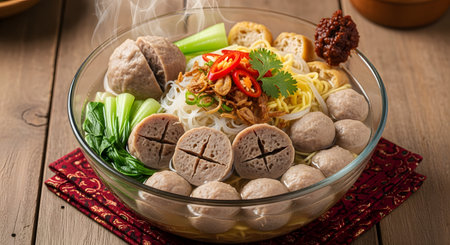 A glass bowl of steaming hot Bakso, a traditional Indonesian meatball soup, garnished with fried shallots and celery. The dish includes yellow noodles, vermicelli, tofu, and a dollop of spicy chili paste, ready to be served.の素材