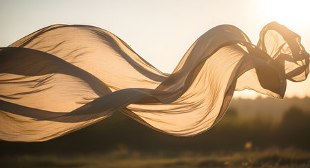 A piece of sheer, beige fabric billows gracefully in the wind against a warm sunset sky. The backlit material glows with golden light, creating abstract curves and soft textures. The image conveys a sense of freedom, movement, and elegance.の素材