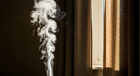 A wisp of white smoke rising elegantly against a dark background, illuminated by a shaft of sunlight from a window. The smoke forms abstract swirls and curves, creating a mysterious and atmospheric mood.の素材